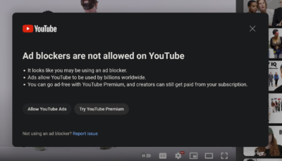 adblockers are not allowed on youtube message