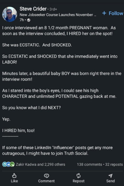 a shitpost on linkedin about hiring a pregnant woman's newborn