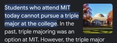 a screenshot explaining that MIT students can't triple major