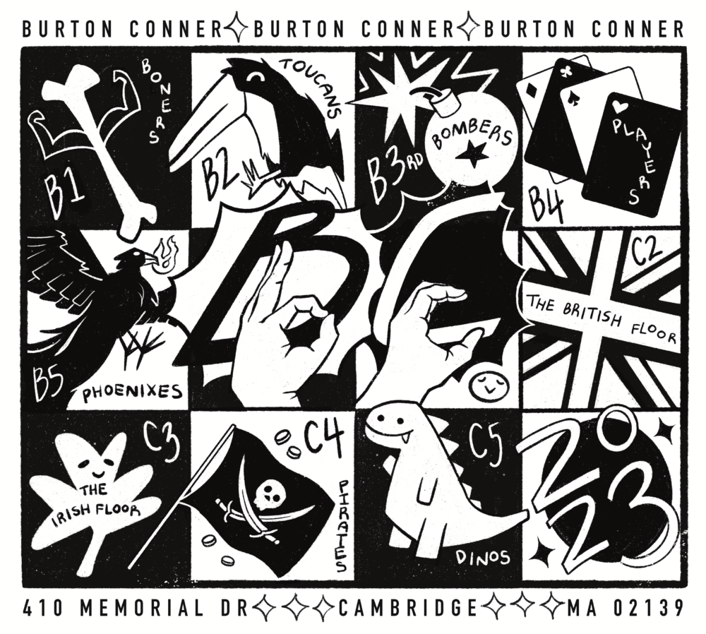 a 3x4 gridded illustration, each square featuring a mascot of a different floor of Burton-Conner (including a bone, bomb, dinosaur, etc.)