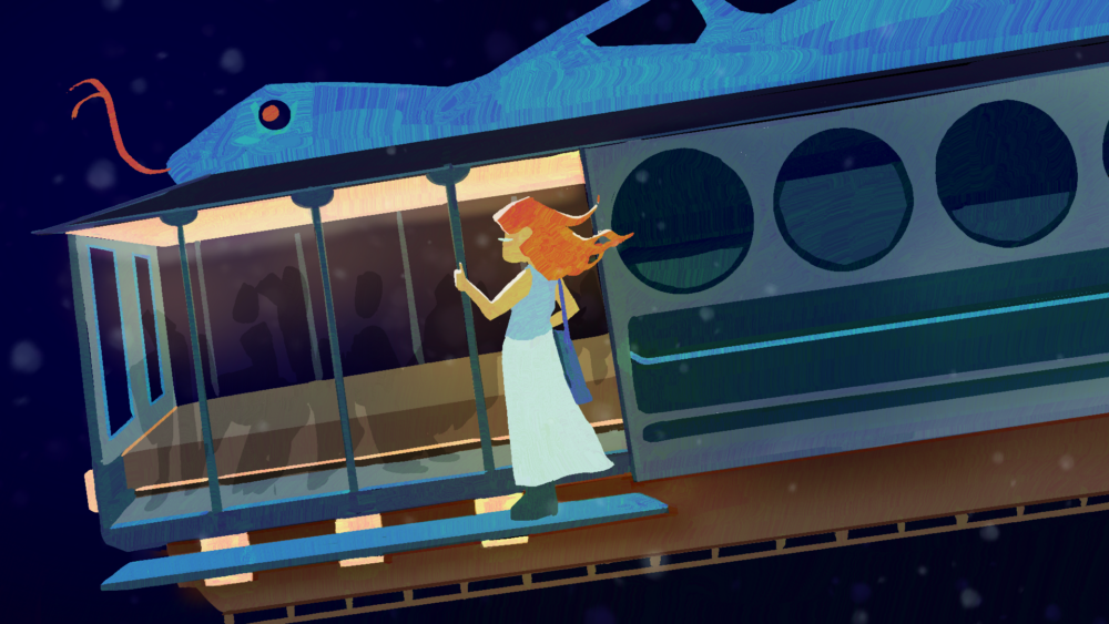 illustration of a girl with orange hair holding onto a snake-themed tram