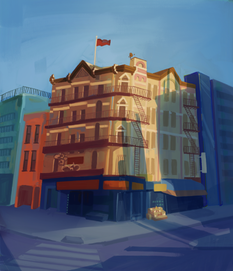 illustration of a building at the corner of an intersection; it's right facade has large shadows cast over it
