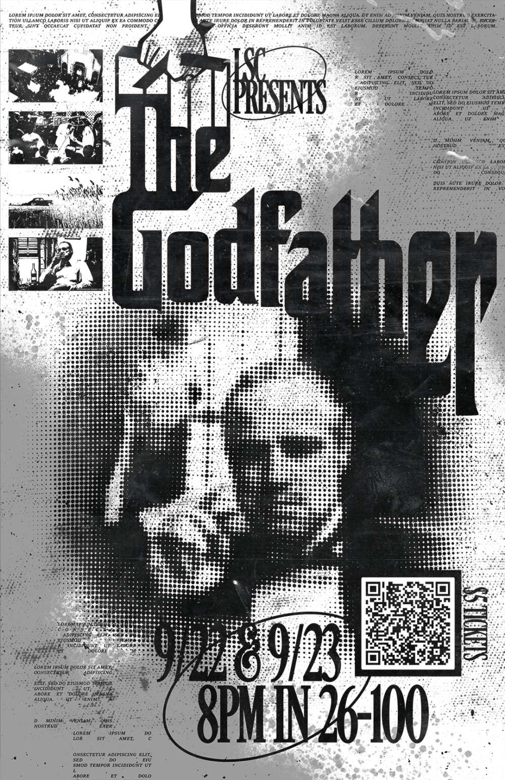 a poster for the movie "The Godfather", featuring an image of a character in the movie and text with the movie's title and other event details
