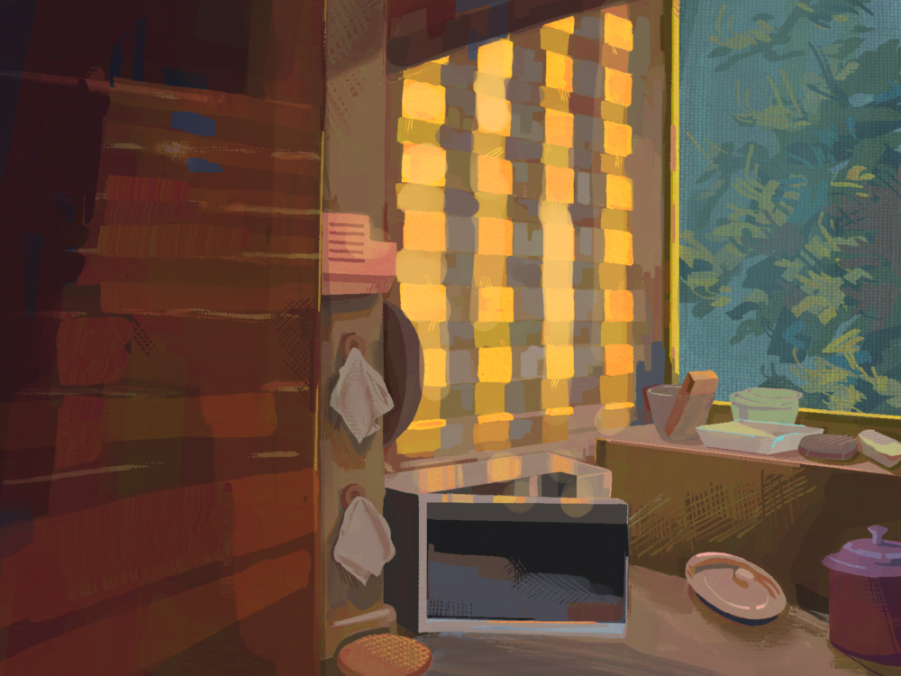 illustration of the corner of a kitchen with a microwave and pots; golden light streams in through the window
