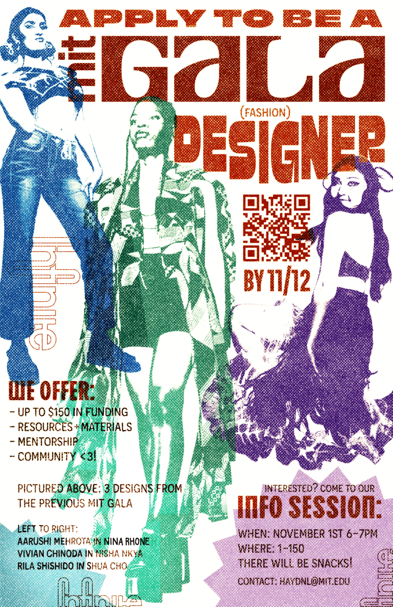 a poster that says "apply to be a mit gala designer" and features monocolor images of models walking the runway