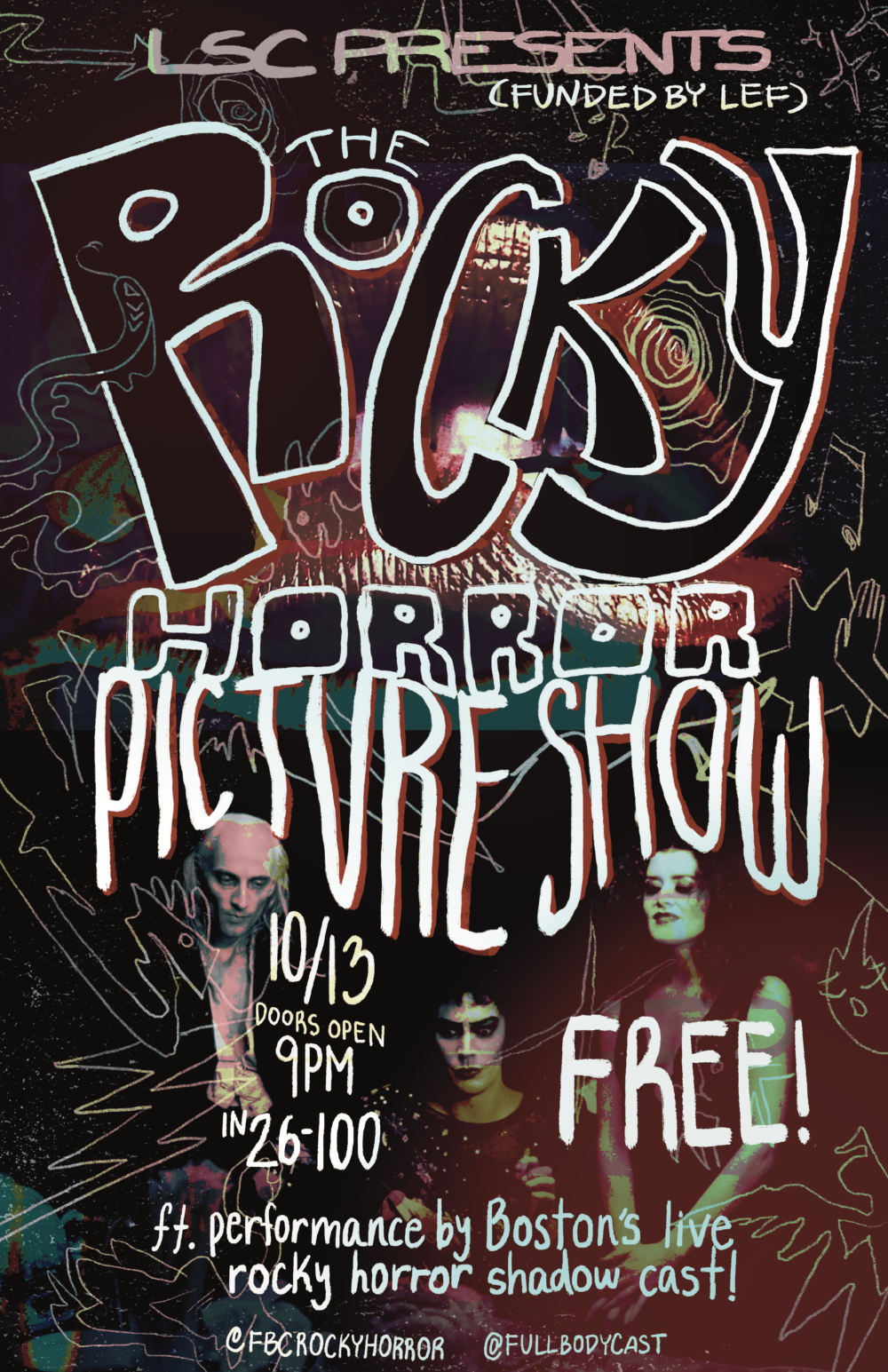 a poster for the movie "The Rocky Horror Picture Show", mostly hues of black and red with custom lettering for the movie title and movie stills in the background