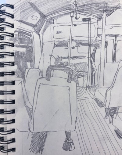 illustration of the interior of a bus, cast in dark blue hues