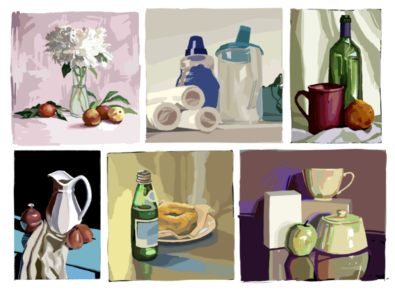 6 still life digital paintings with various subject matter, mostly bottles, dishware, and pieces of fruit