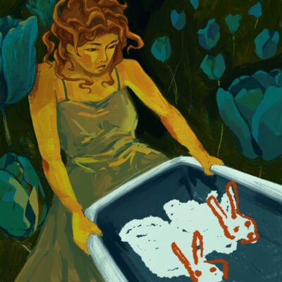illustration of a girl with orange hair holding onto a sink with two rabbits inside; blue tulips sprout in the background