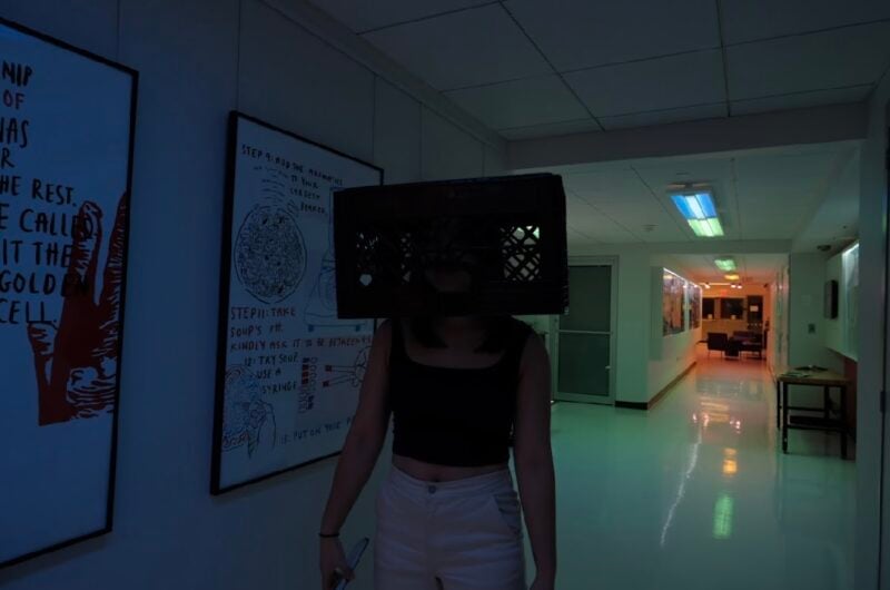 picture of a girl in a darkly lit corridor with a box on her head