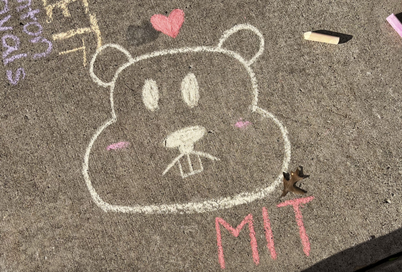 Image of sidewalk with chalk. Chalk drawing includes a beaver face in yellow with pink cheeks and a red heart above the face. The letters