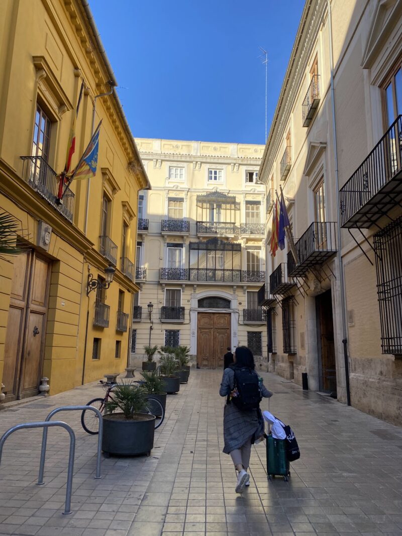 city street with tall warm-toned buildings along it, woman walking in the middle