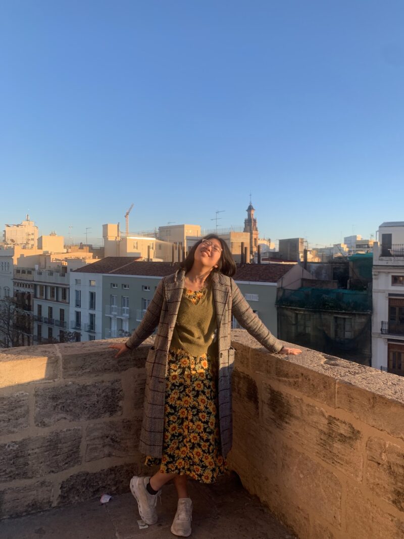 woman standing at the corner of a castle roof