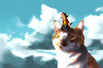 illustration of a audrey riding a giant cat