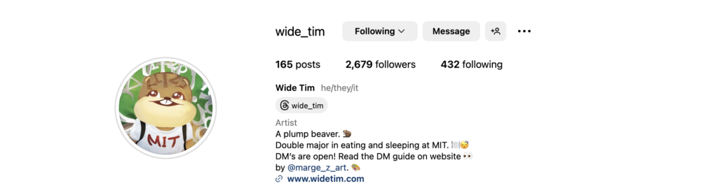 Wide Tim’s instagram page, with n=165 current posts