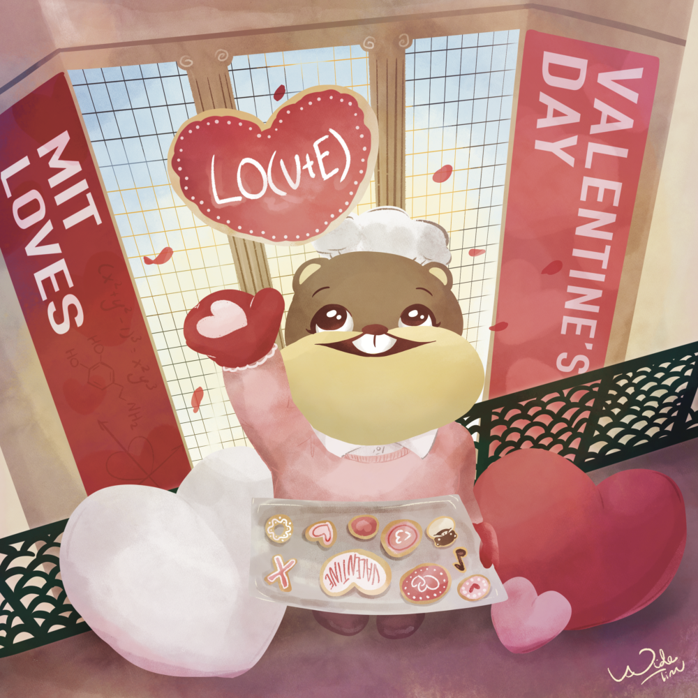 an illustration of Wide Tim standing on the 3rd floor of lobby 7 with baked Valentine's Day cookies