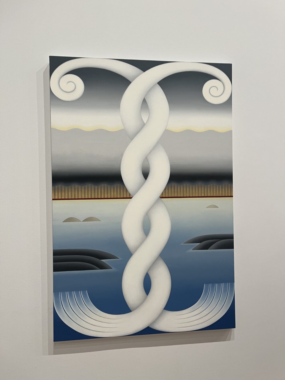 a painting consisting of white undulating forms representing clouds, set against a graphic depiction of a body of water.