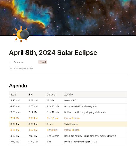 kano's notion page titled april 8th, 2024 solar eclipse with their entire group itinerary
