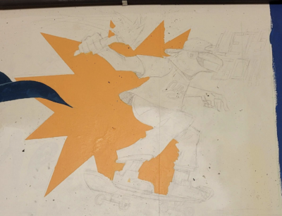 mural sketch, with background painted in. background resembles a spiky yellow explosion