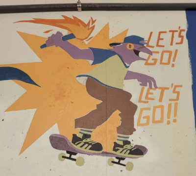 the mural, without the lineart but with all the colors painted in. i added the words "LET'S GO! LET'S GO!!" to the side