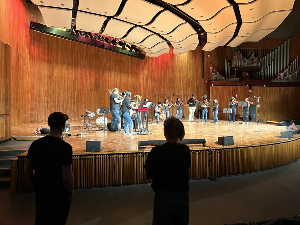 Members of the Video Game Orchestra rehearse on stage