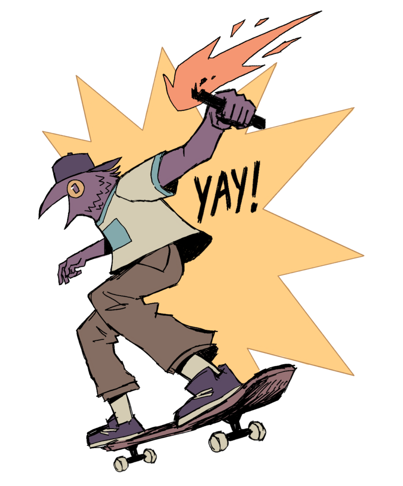 a digital drawing of a purple bird-person riding a skateboard, holding a lit torch