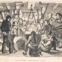 old art of a crew sitting and singing around a table, jugs of rum in…