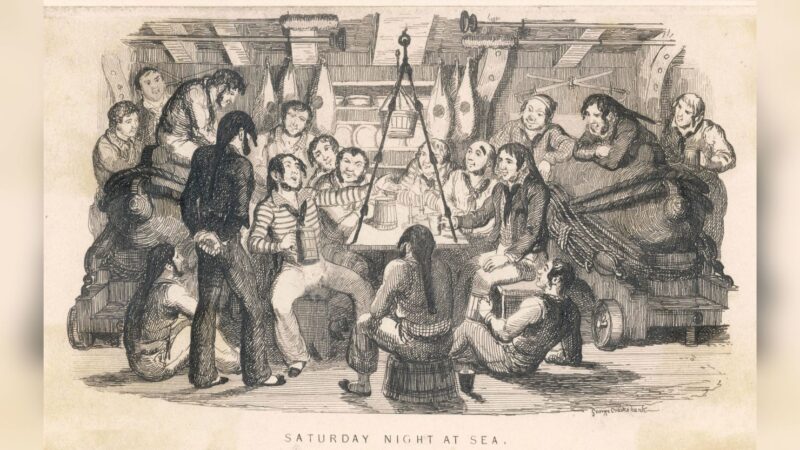 old art of a crew sitting and singing around a table, jugs of rum in hand!
