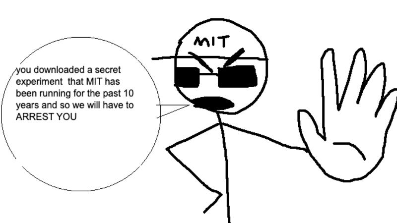 MIT scientist: you downloaded a secret experiment that MIT has been running for the past 10 years and so we will have to ARREST YOU