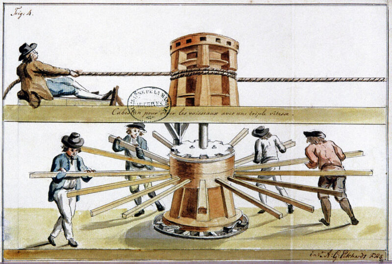 a depiction of a capstan, a bit wheel laying on a central spoke in the ship's deck. The top image has a rope wrapped around it an someone pulling the rope to spin the wheel and pull at the other end of the rope, while the bottom image has spokes running from the wheel, and a man at each spoke pushing together.