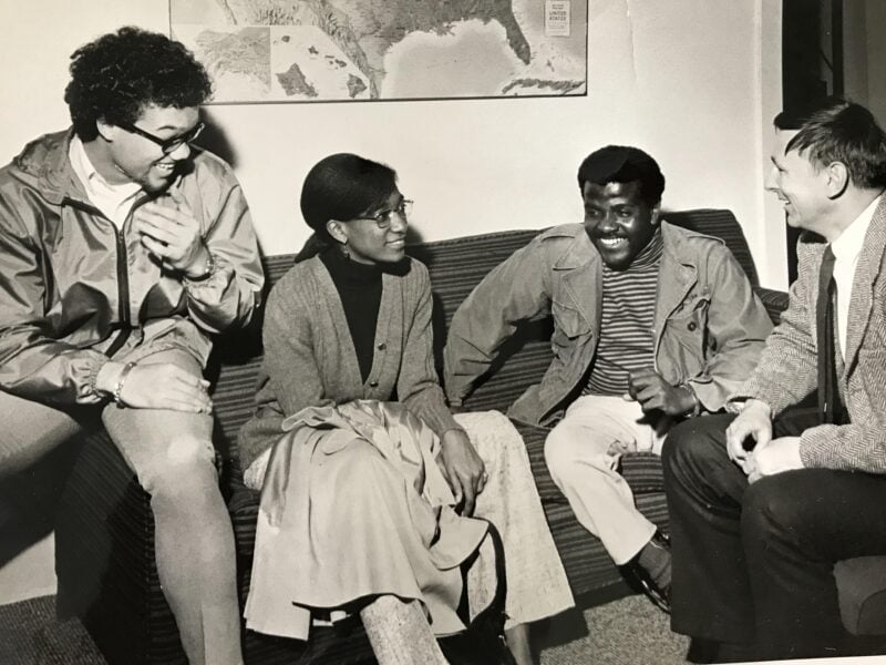 Black Students' Union (BSU) student leaders meet with MIT Admissions, ca. 1969. Shown left to right: BSU co-chair Fred Johnson '72; BSU founding members Linda Sharpe '69 and Charles Kidwell '69; and Peter Richardson, Director of MIT Admissions.