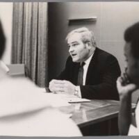 Paul Edward Gray speaks at a Task Force on Educational Opportunity meeting with student activists…