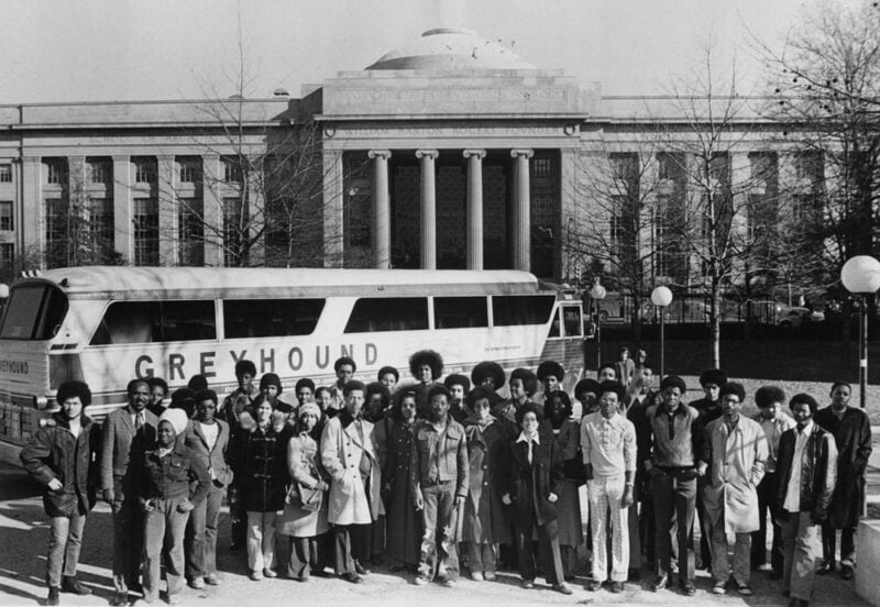 Black Students' Union members began helping recruit black students in 1968. Left to right from far left: Randolph H. Burton '76 (freshman from IL), John A. Mims (Asst. Dir. Admissions), and Paula A. Waters '72 (senior from VA), who all served as guides for three dozen high school students visiting MIT from 23 high schools in Washington, Baltimore, and Philadelphia, 19 November 1972.