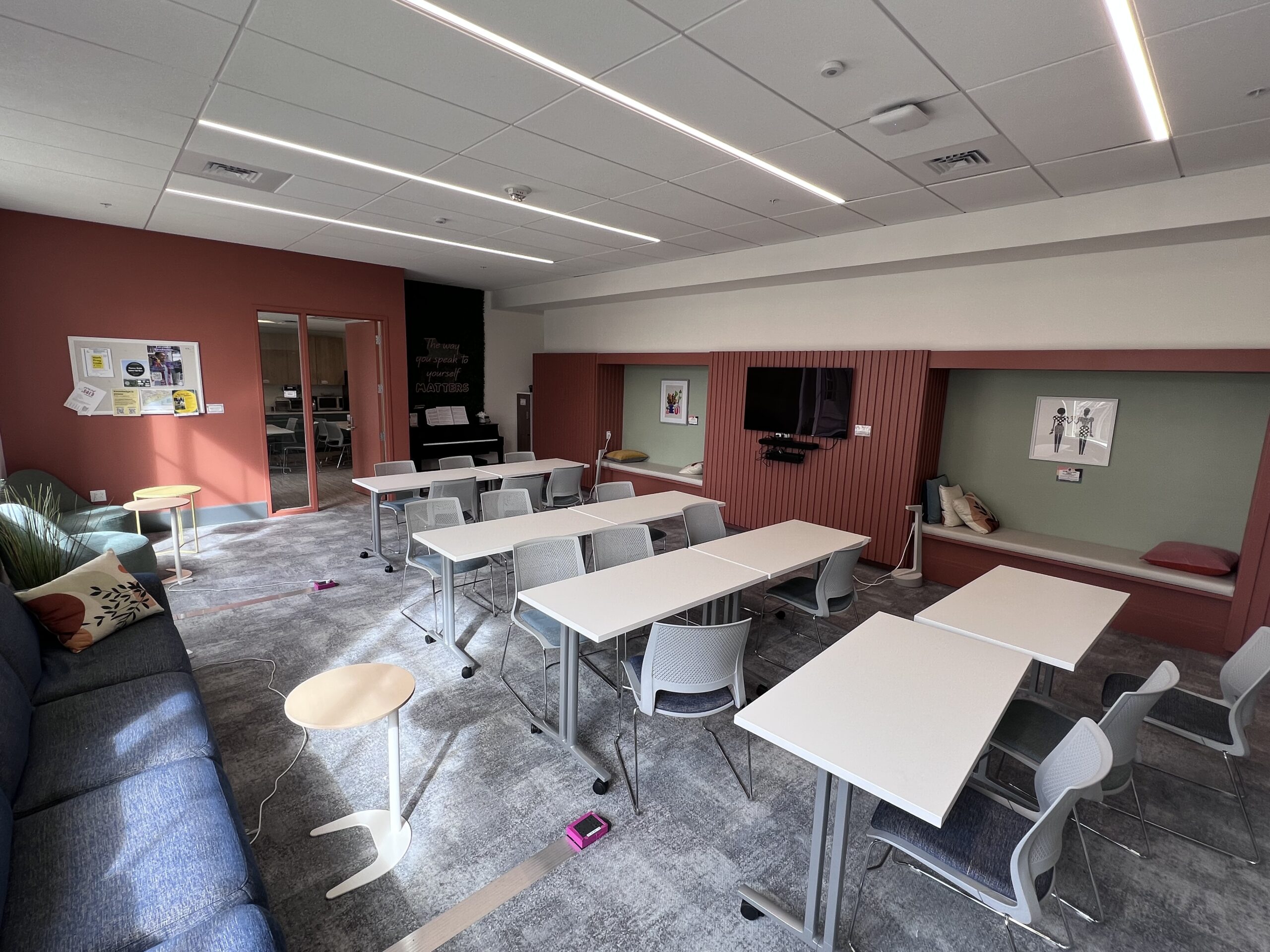 white tables in a clean lounge