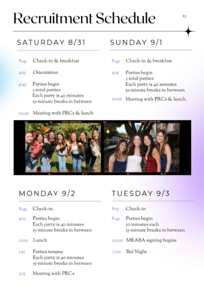 Recruitment week schedule showing time and dates for events.