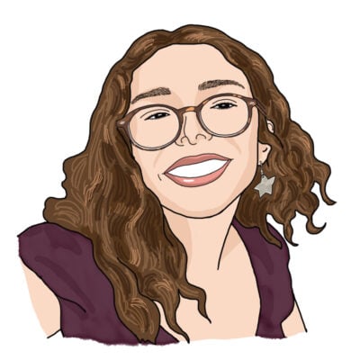 An illustration of Angie's profile. She has shoulder-length, curly brown hair, light skin, and is wearing a purple shirt. She also has glasses and one star-shaped earring.