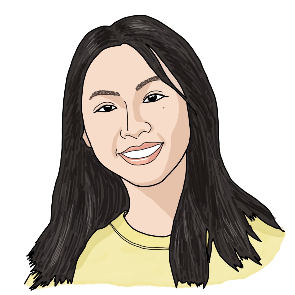 An illustration of Fiona's profile. She has light skin, shoulder-length black hair, a mole under her left eye, and is wearing a light yellow shirt.