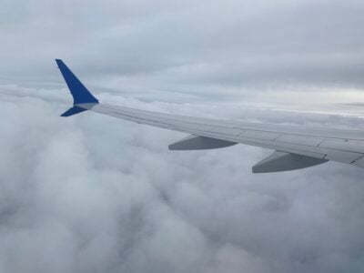 View of gray clouds from an airplane window