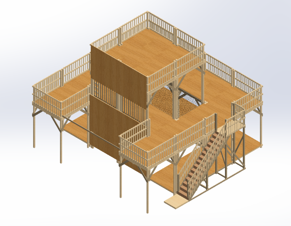 A CAD model of the three-story wooden East Campus fort.