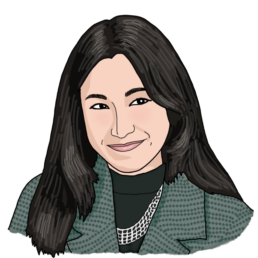 An illustration of Janet's profile. She has light skin, long black hair and is wearing a green, textured jacket with a black shirt and silver necklace underneath.