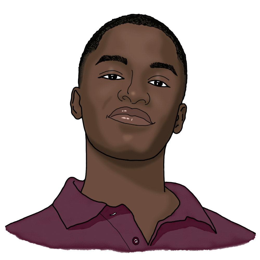 An illustration of Richard's profile. He has dark skin, short black hair and is wearing a maroon collared shirt.