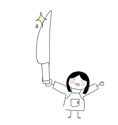 A doodle (made on Notability) of a girl with a confused expression holding a giant knife, bigger than her body.