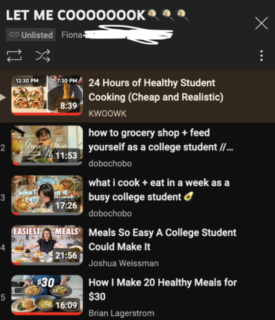 A playlist of five videos related to cooking, particularly geared towards college students. The title is "LET ME COOOOOOOOK" with three emojis of eggs being fried in pans. 