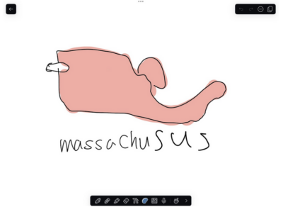 A bad drawing of Massachusetts, made on Notability. It is red and has the visor and backpack standard of among us characters.