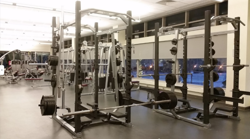 A picture of a large gym with a bunch of machines in it, most notably squat racks