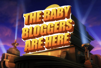 the 20th century studios logo, but with "THE BABY BLOGGERS ARE HERE" written on it in gold wordart instead