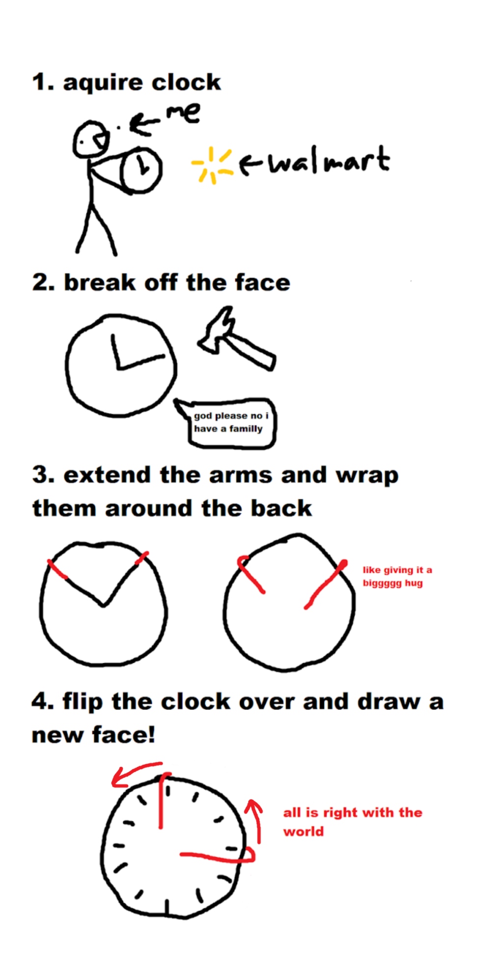 steps for reversing clock: 1 acquire clock 2 break off the face 3 extend the arms and wrap them around the back 4 flip the clock over and draw a new face