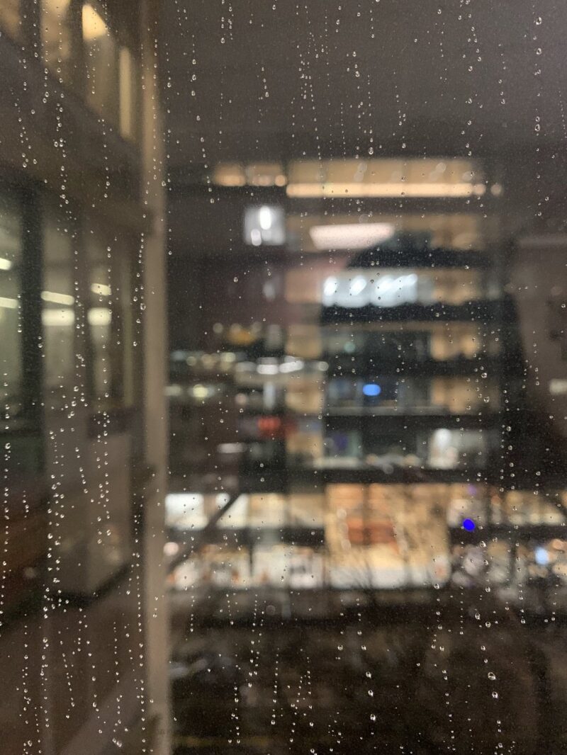 the view of building 34 in the rain