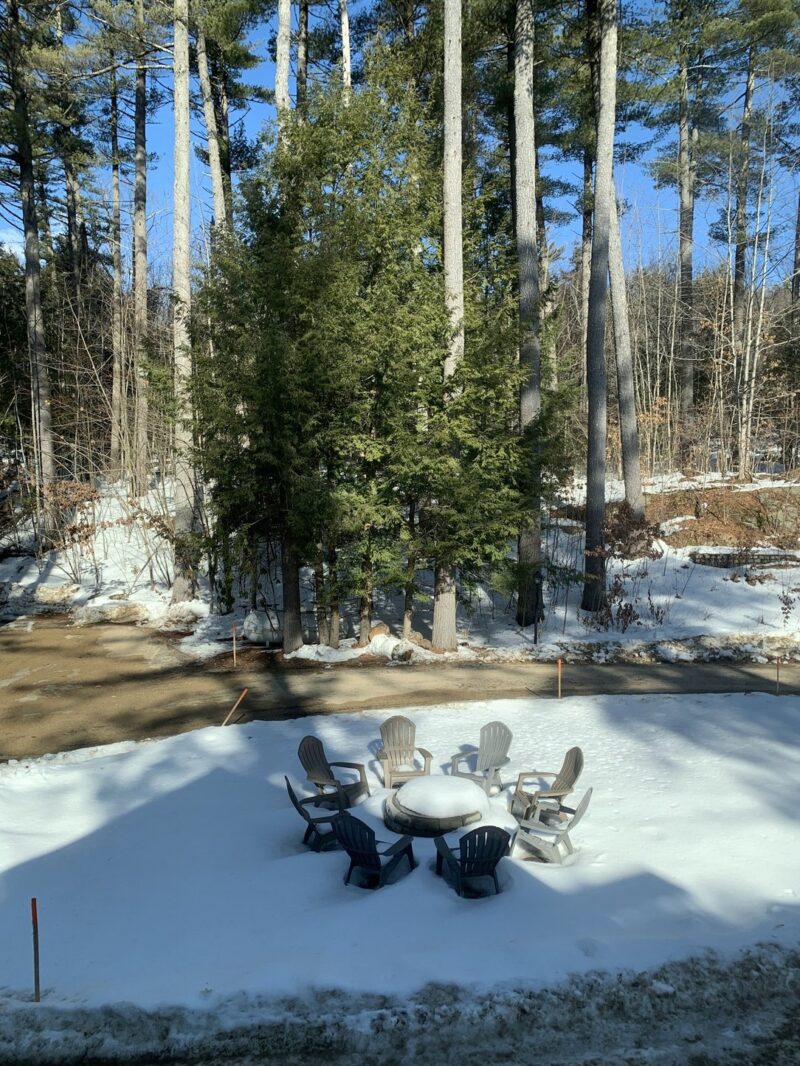 A snowy forest setting dappled with shade, including some lawn chairs in a circle.