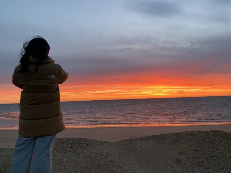 a girl looks into a vividly orange sunset.